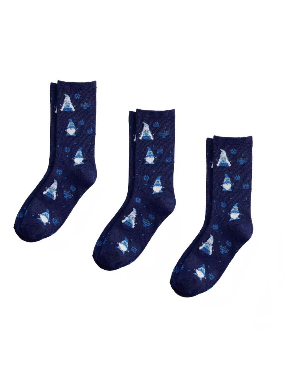 3 pairs of Women's Navy Blue Crew Socks featuring Hannukah Gnomes + Menorahs